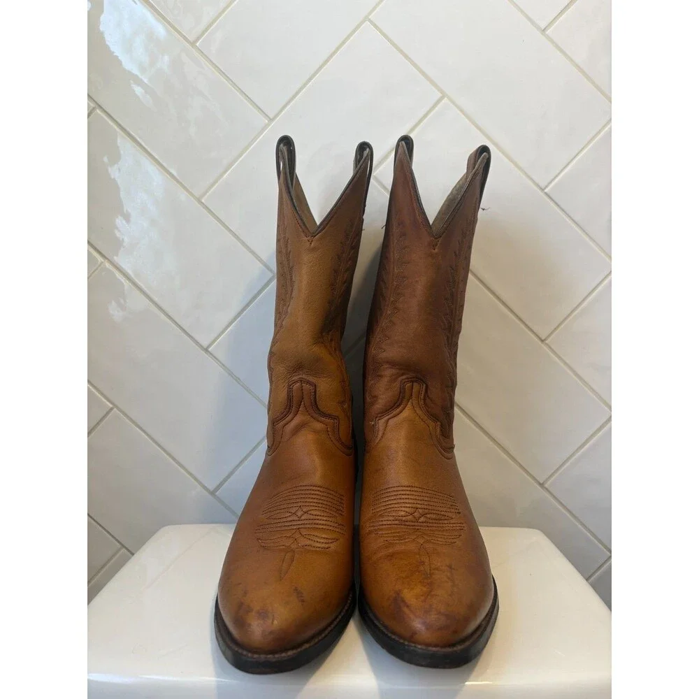 Vintage Made USA Leather Cowboy Western Boots Men's 10D Brown Round Toe Ranch